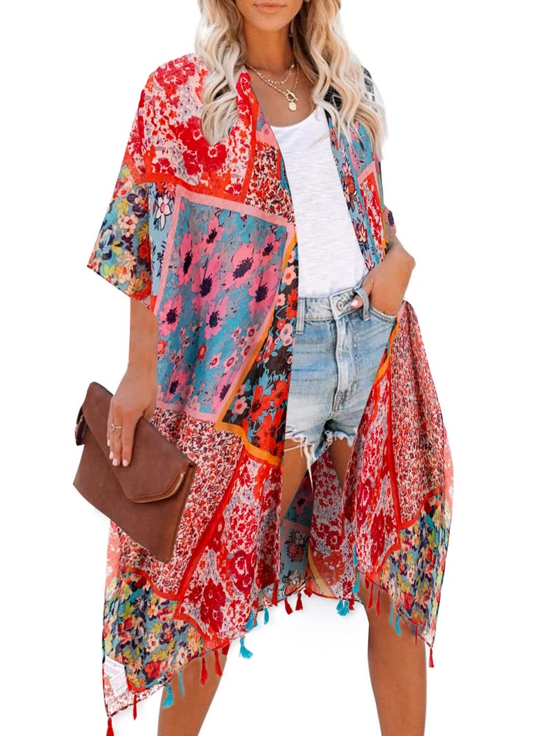 Breezy Lane Women's Beach Coverup Swimsuit Kimono Cardigan with Tassel Bohemian Print - Image 1